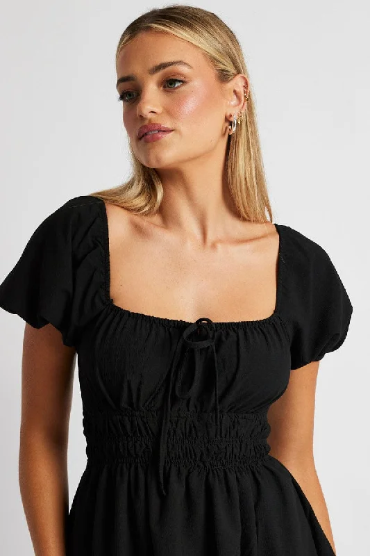 Black Midi Dress Short Sleeve Ruched Bust