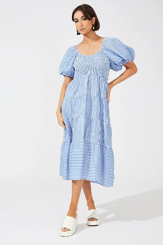 Blue Stripe Midi Dress Short Sleeve Shirred