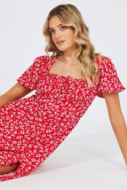 Red Ditsy Midi Dress Short Sleeve Ruched Bust