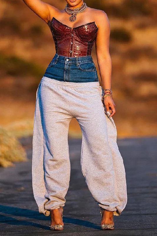 Denim Patchwork Unusual Harem Pants