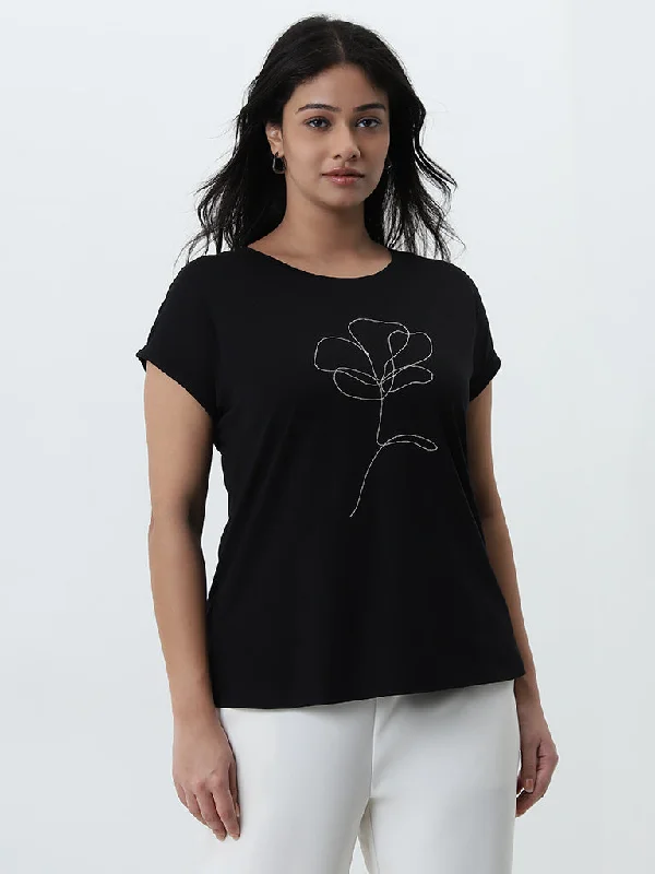 Gia Black Floral Design Cotton T-Shirt