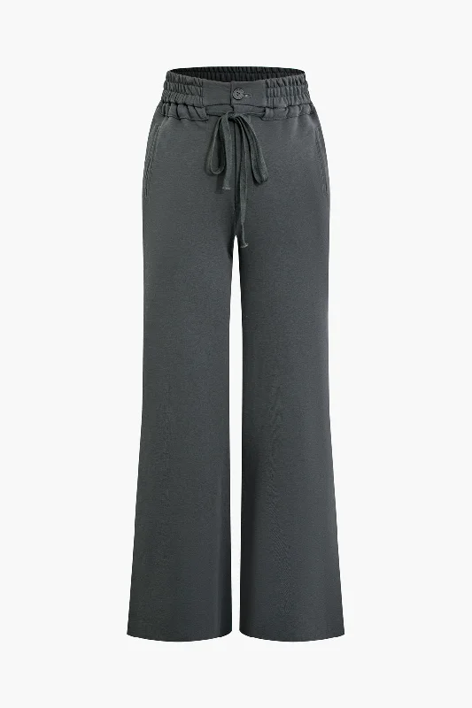 Solid Pocket Drawstring Tie-Up Trousers