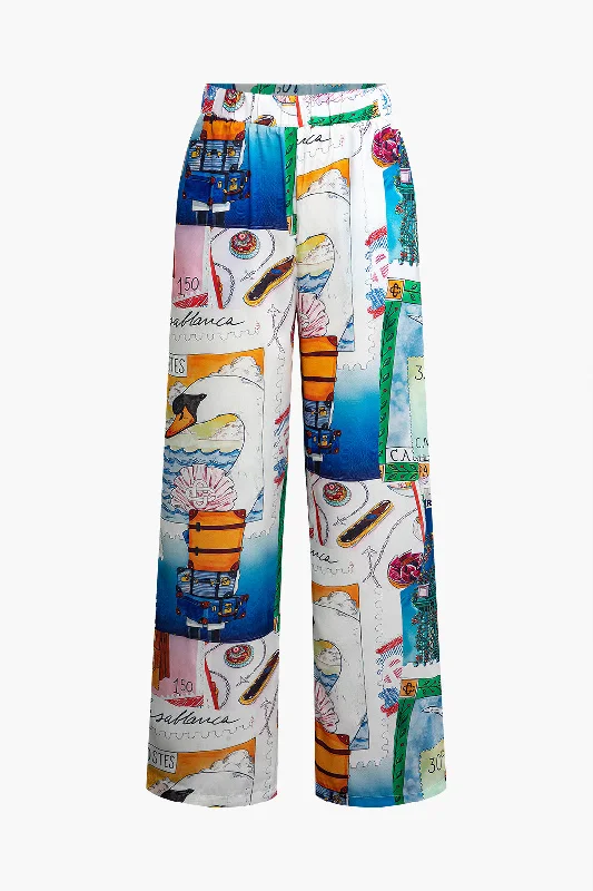 Artistic Print Wide Leg Trousers