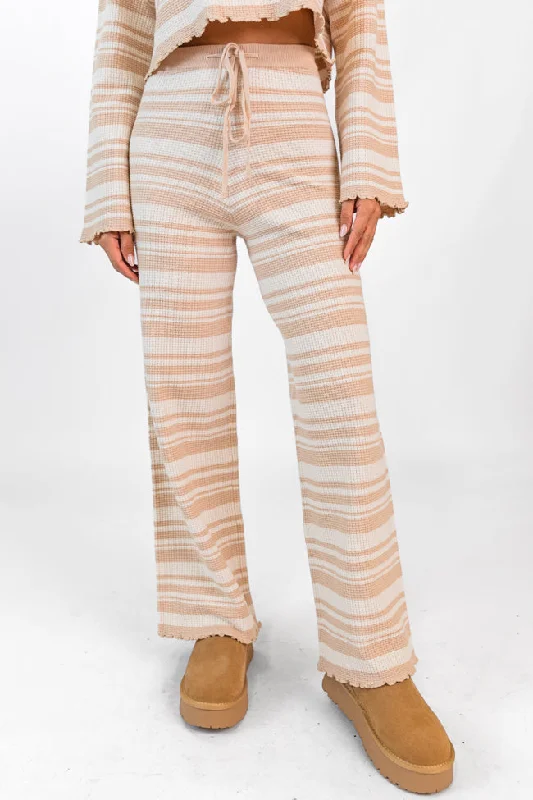 Take You There Taupe Striped Lettuce Hem Lounge Pants