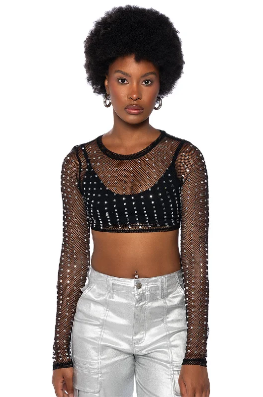 BEJEWELED LONG SLEEVE MESH TOP